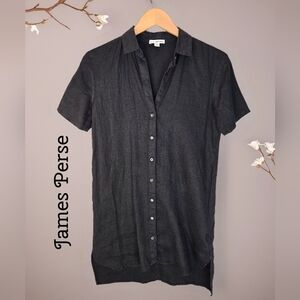 James Perse Women All Linen Button Shirt Dress Sz 0 Black Hi-lo Hem Short Sleeve